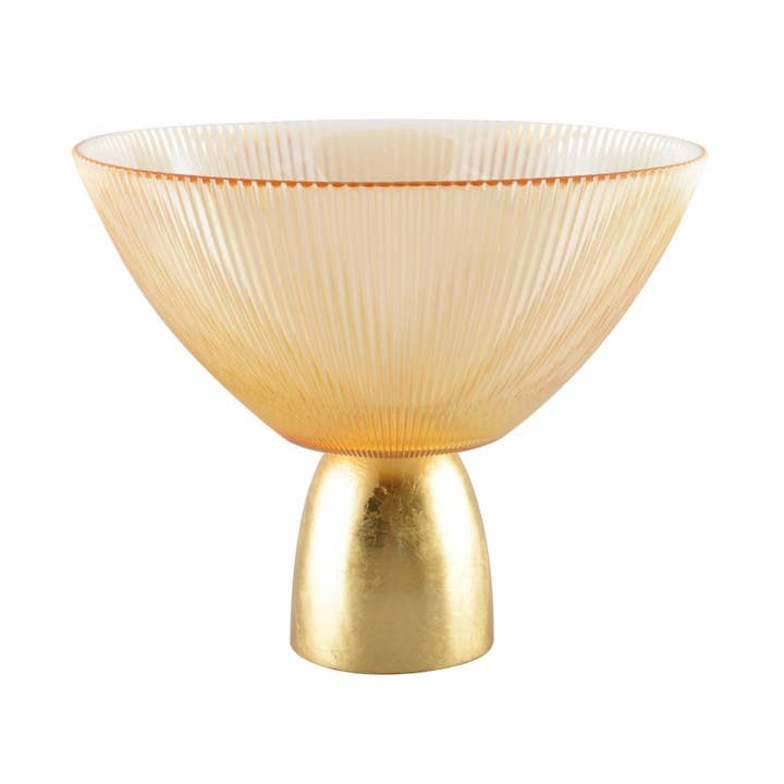 Amber ribbed hollow bowl on a golden base 22x22x18cm for wholesale by AULICA