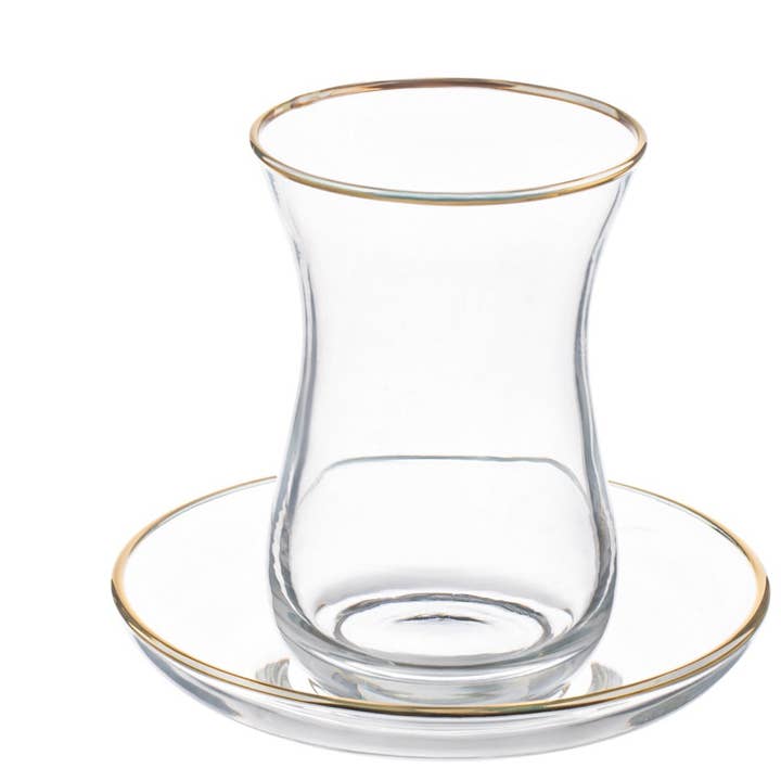 Vikko CAYS Glazen theekop en schotel met gouden rand, 6-pack voor wholesale door Kadra Kitchenware