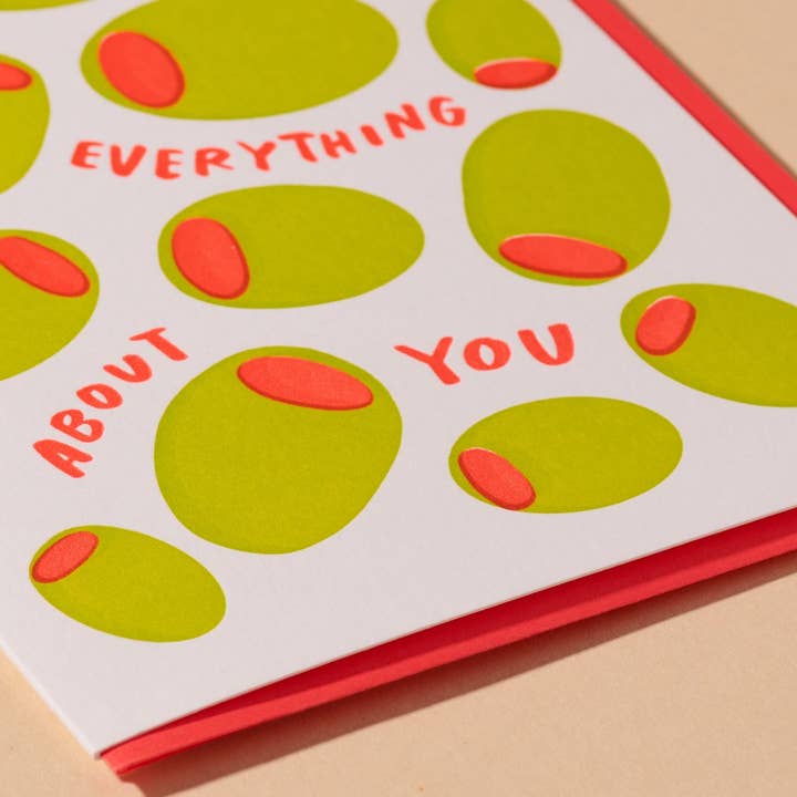 And Here We Are – wholesale Love card – Olive Everything About You Letterpress Food Love Card- Made in USA1
