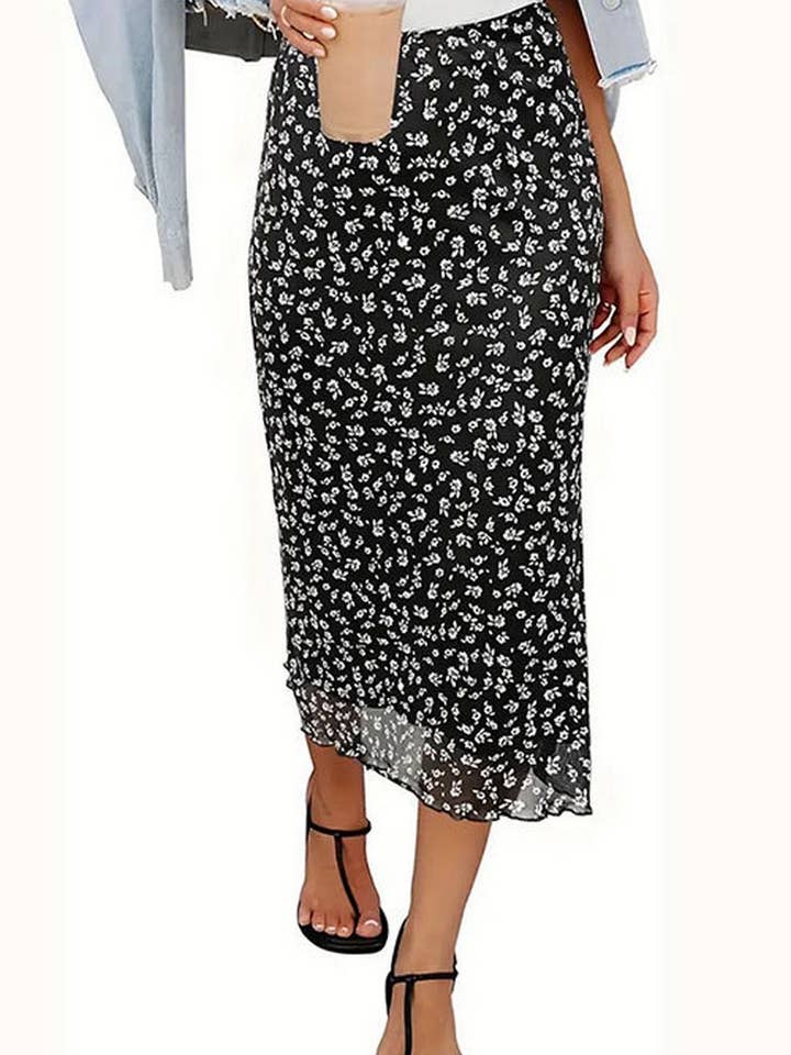 Black CWBMS0120_GAUZE FLORAL LONG HALF LIFE SKIRT for wholesale on Faire