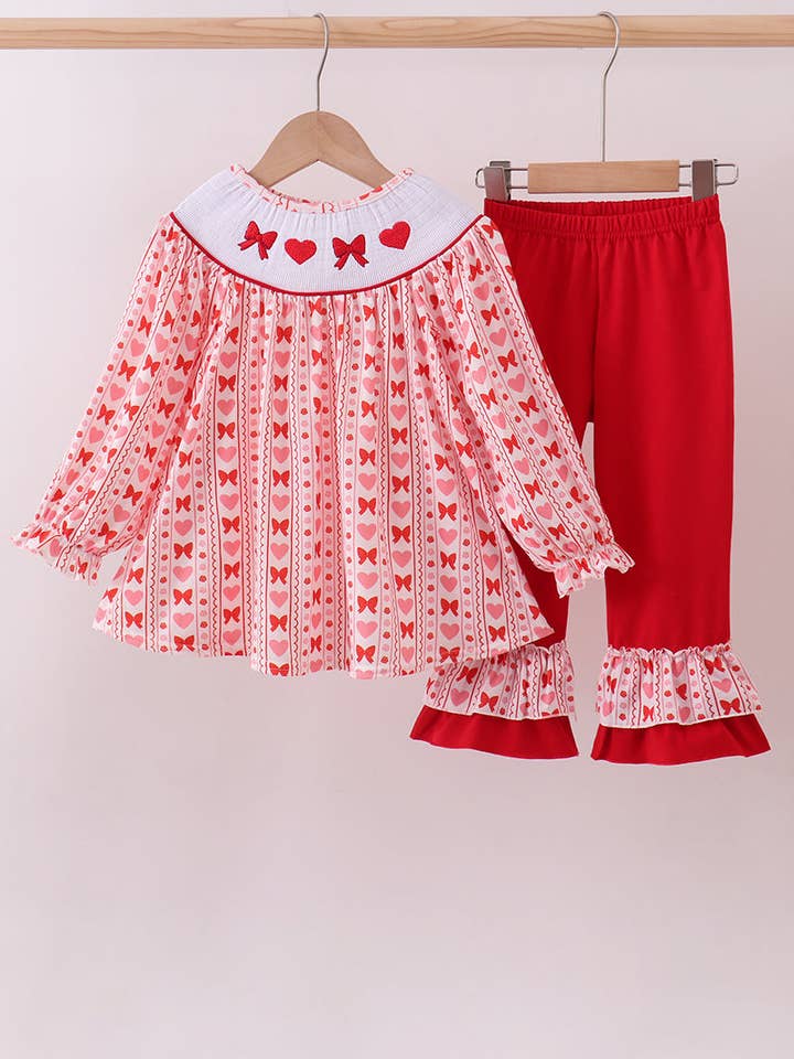 Red heart bow smocked ruffle pants set for wholesale by Mom & Co.