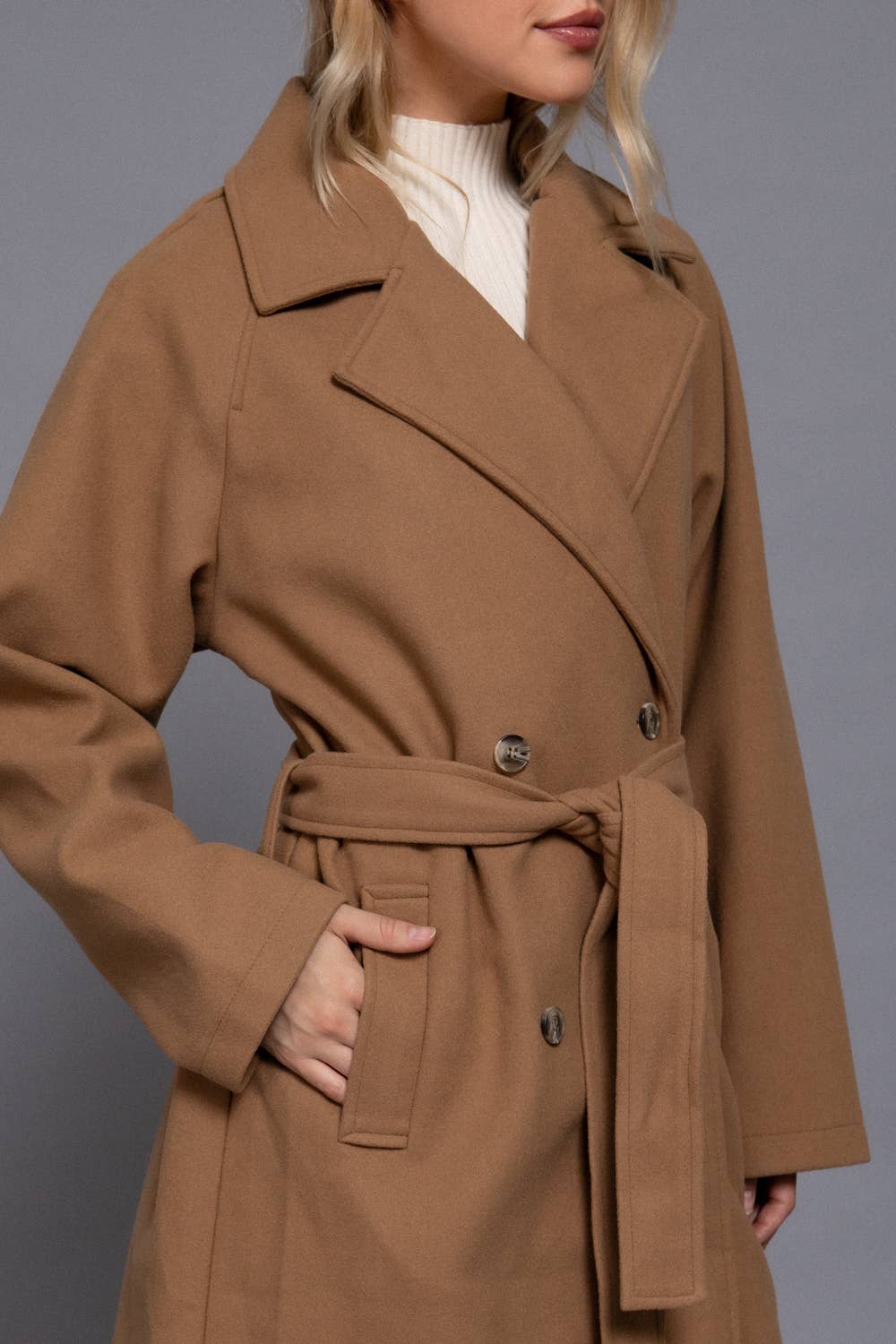 Active Basic | Active USA - Wholesale Trench Coat - Women's - Long Sleeve Double Breasted Button Soft Felt Trench Coat3