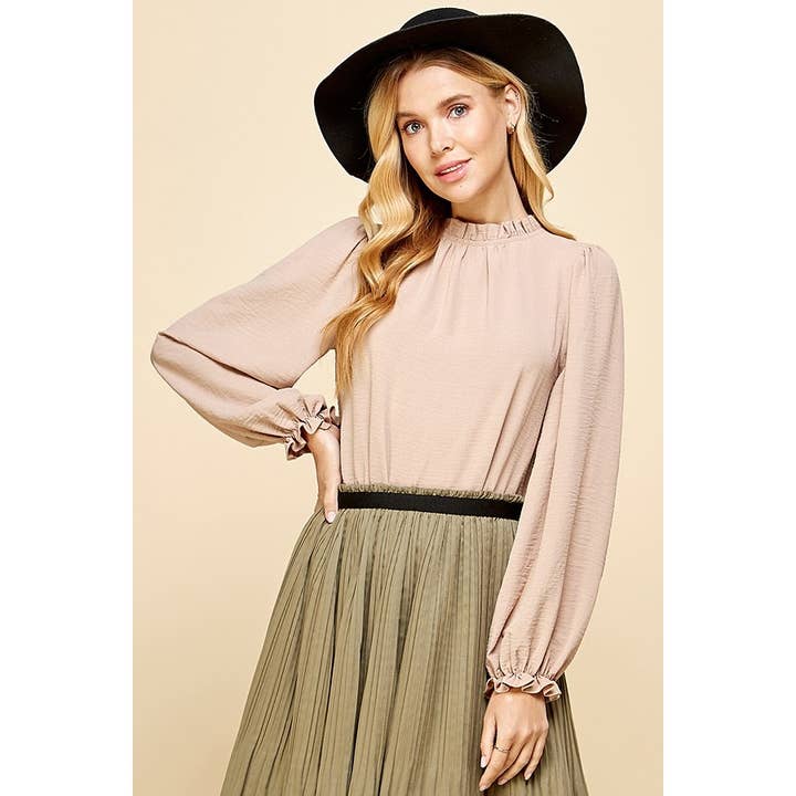 LIME N CHILI - Wholesale Blouse - Women's - Solid Ruffle Mock Neck Balloon Sleeve Blouse1