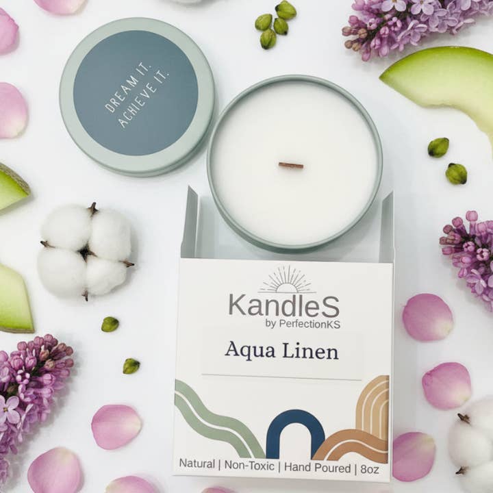 Aqua Linen Luxury Candle | 8oz Non-Toxic Soy Candle with Wooden Wick | Clean Burn for wholesale by PerfectionKS