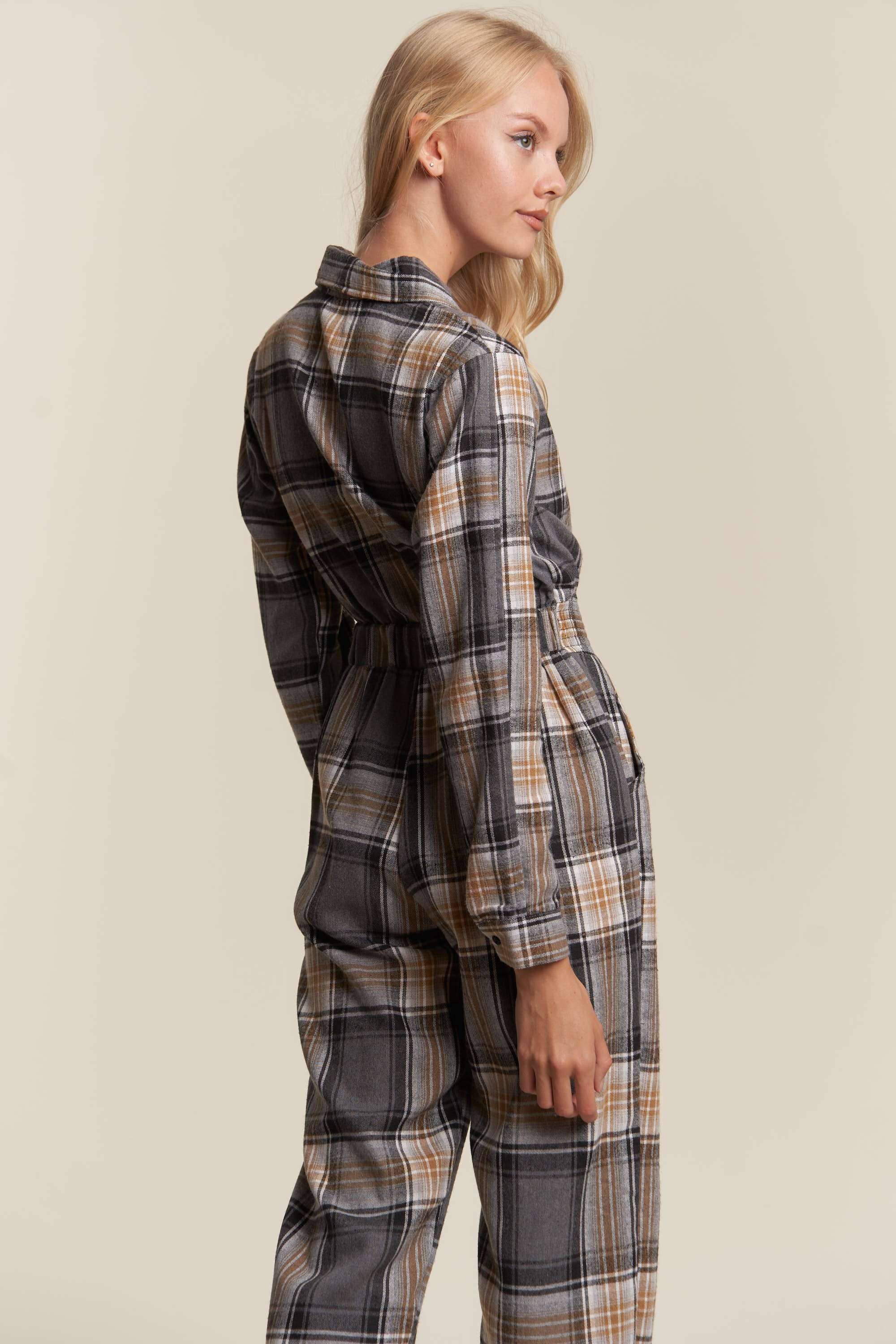 Hers & Mine - Wholesale Jumpsuit - Women's - PLAID ZIPPER DOWN SMOCKED WAIST JUMPSUIT9