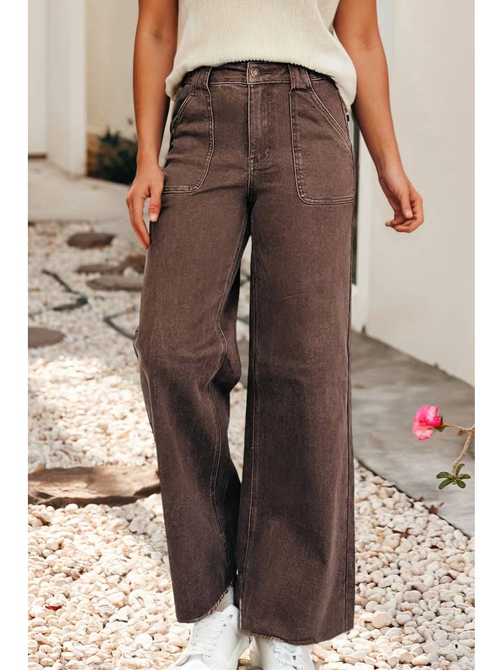 LDC Dark Brown Retro Washed Patch Pocket Loose Jeans for wholesale on Faire0