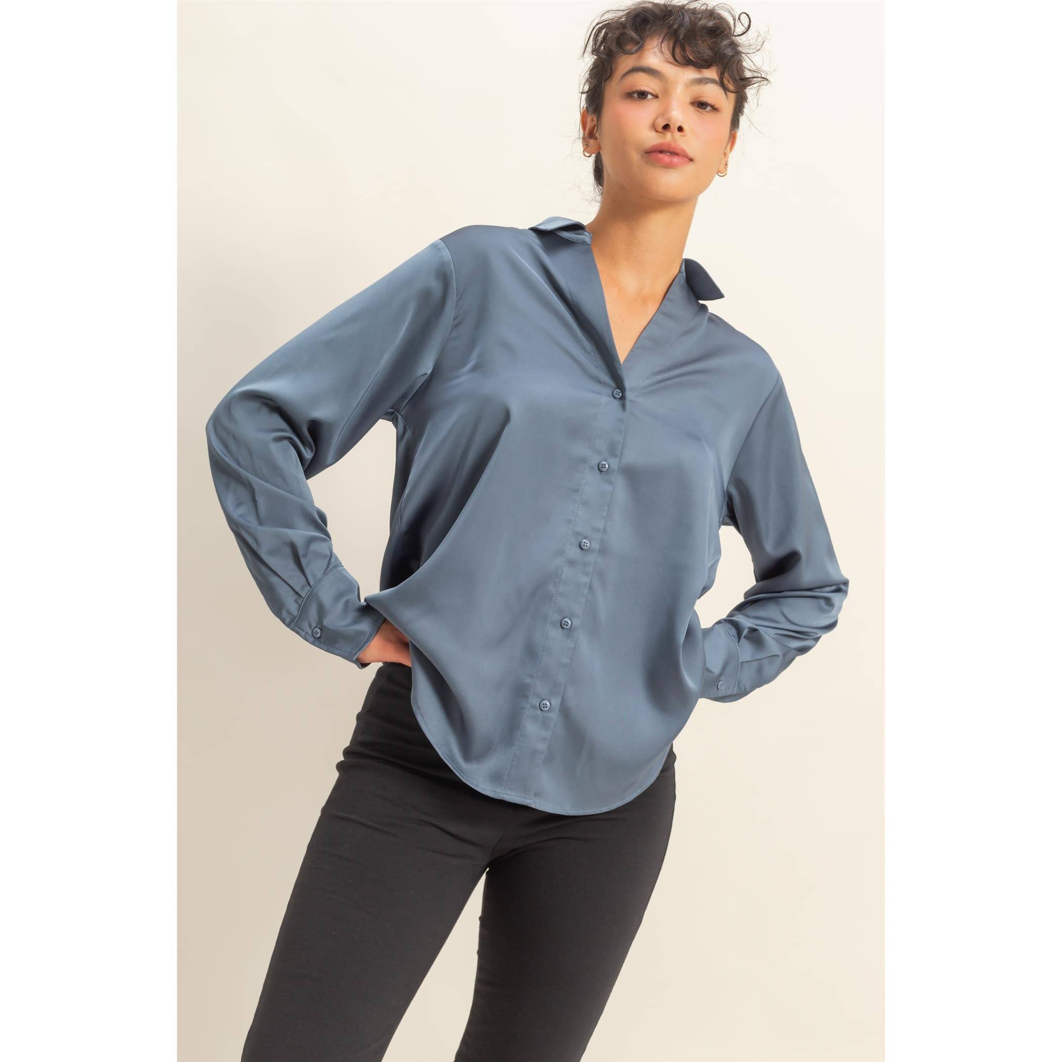 Double Zero - Wholesale Blouse - Women's - Button-Up Satin Shirt With Collared Neckline31