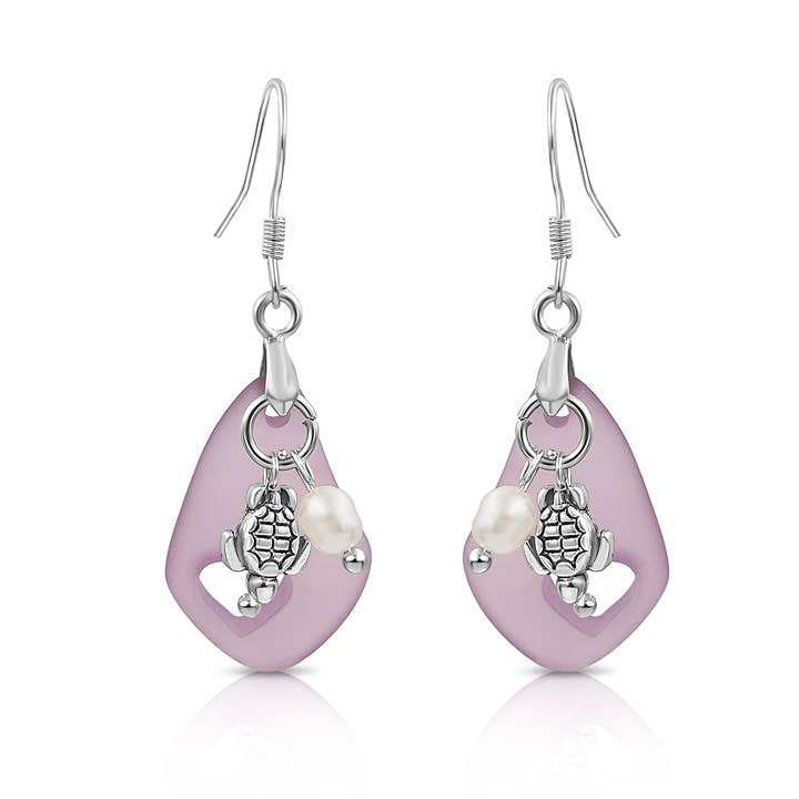 Purple Sea Glass, Heart and Freshwater Pearl Dangle Earrings for wholesale by BESHEEK JEWELRY