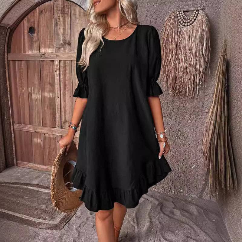 Masyal - Wholesale Jurk - Dames - Vintage katoenen en linnen effen kleur losse zoom jurk zomer10