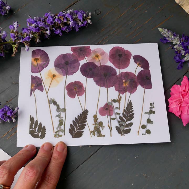 Pressed flower greeting card- whimsical fairy riding a turtle for wholesale by Remedy Designs