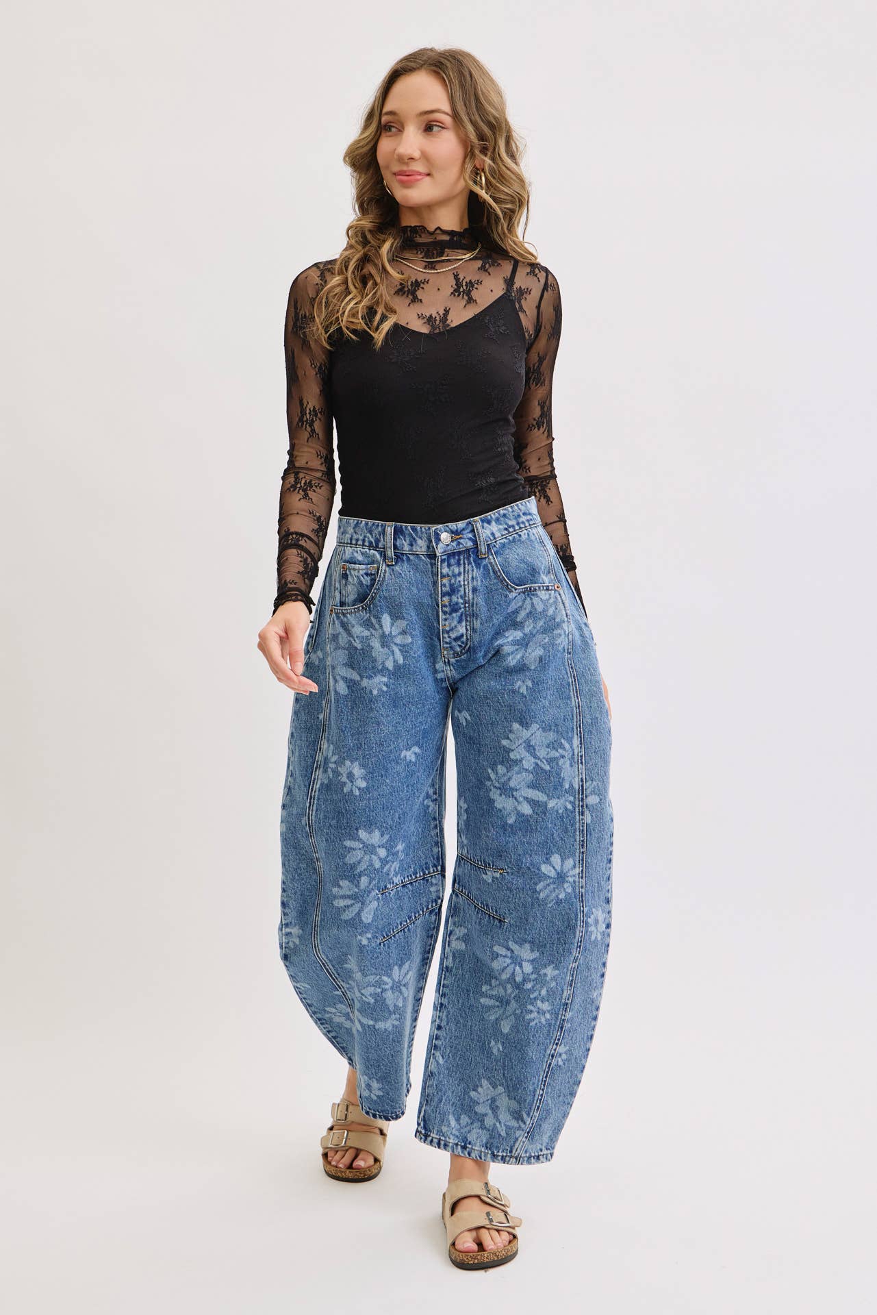 FLORAL PRINT DENIM BARREL JEANS for wholesale on Faire23
