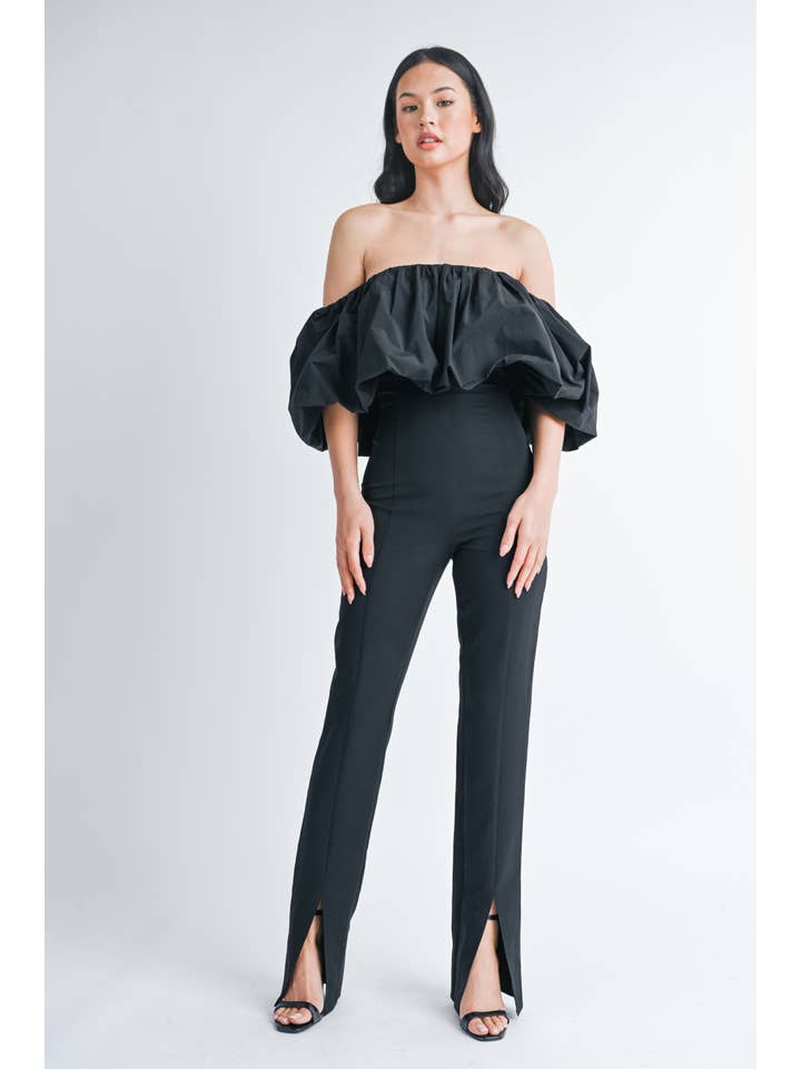 Black IJP2792 BUBBLE OFF SHOULDER BOOTCUT JUMPSUIT WITH FRONT SLIT for wholesale on Faire