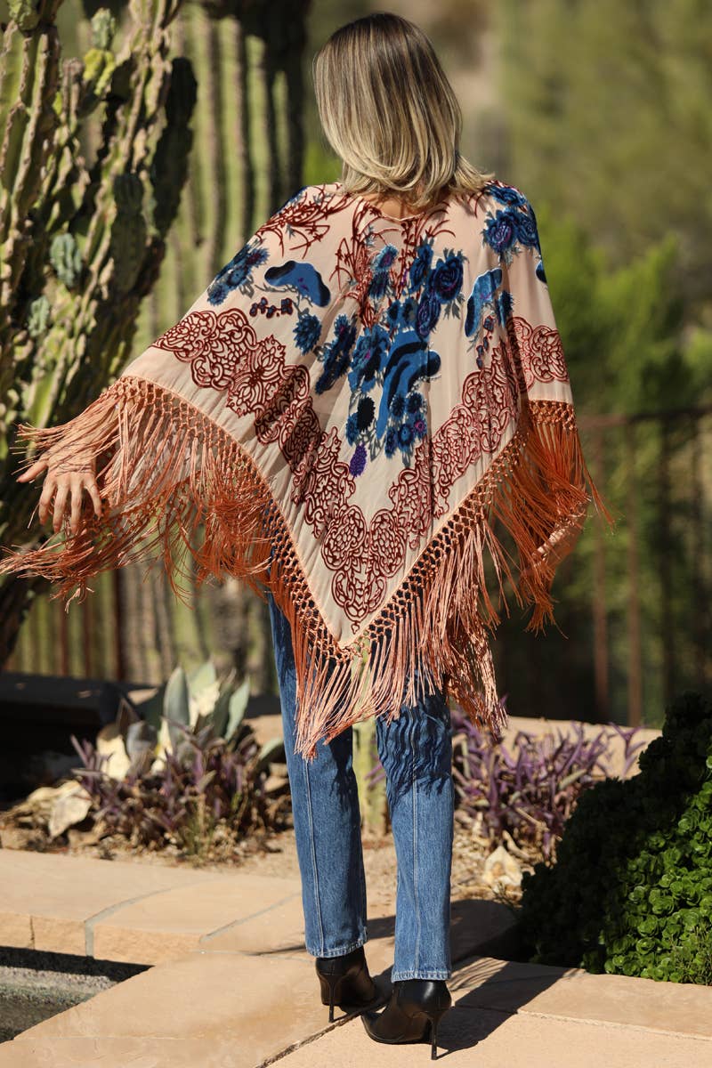 ANGIE - Wholesale Poncho - Women's - X2ED6-ASIS BURNOUT VELVET FRINGE HEM PONCHO1
