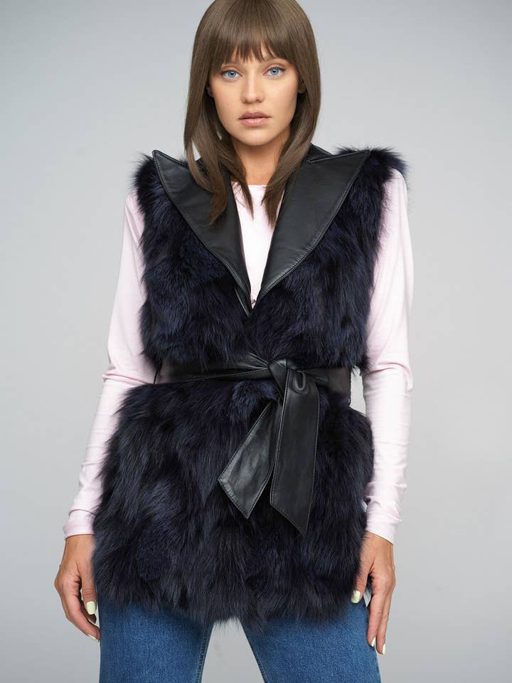 Purple Genuine Fox Fur Vest with Leather Belt for wholesale by Buy Me Fur