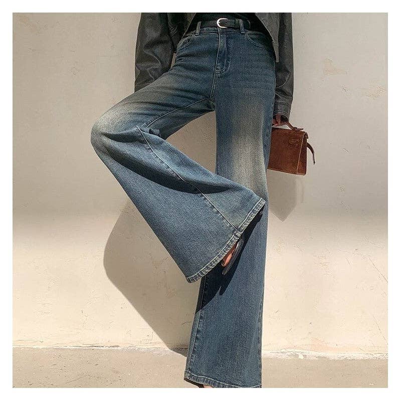 MANDARIN BLUE Petite Vintage Washed Flare Jeans for wholesale on Faire4