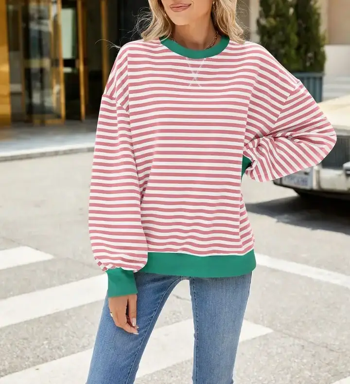 Lovesoft - Wholesale Knit Sweater - Women's - Striped Crew Neck Contrast Color Loose Long Sleeve Sweater0