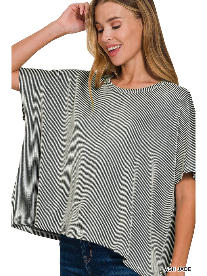 Vanilla Monkey - Wholesale Knit Top - Women's - Ribbed Striped Oversized Short Sleeve Top