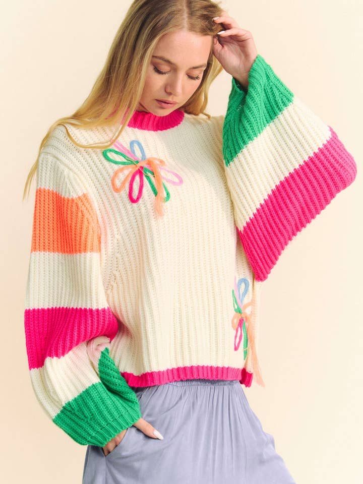 PLUS CHUNKY THREAD FLOWER MULTI STRIPED SWEATER for wholesale on Faire