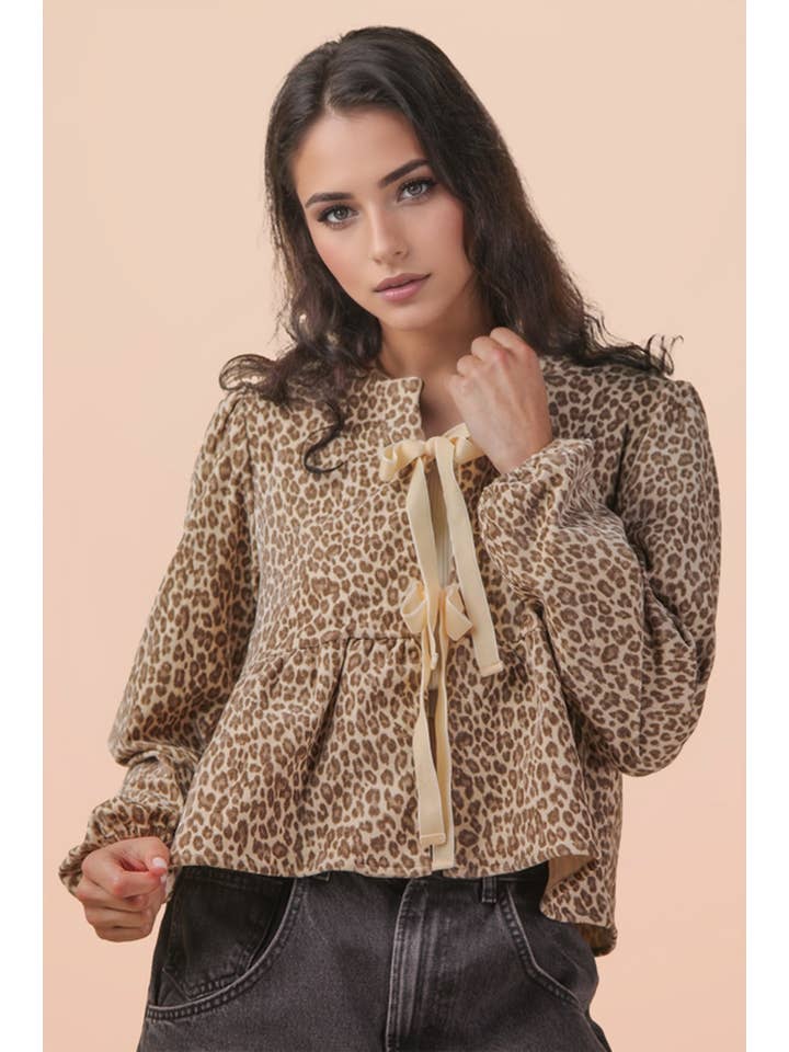VERY J - Wholesale Blouse - Women's - NT12244-Leopard Printed Front Tie Woven Blouse Top