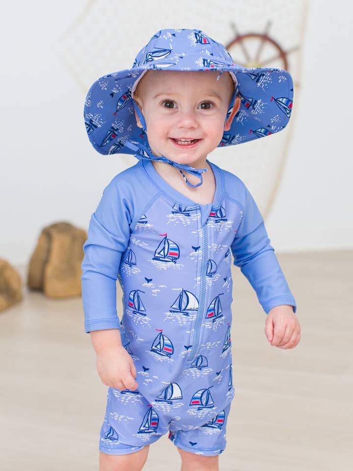 Blue Baby Boys Seas the Day Long Sleeve One Piece Rash Guard Swimsuit for wholesale on Faire