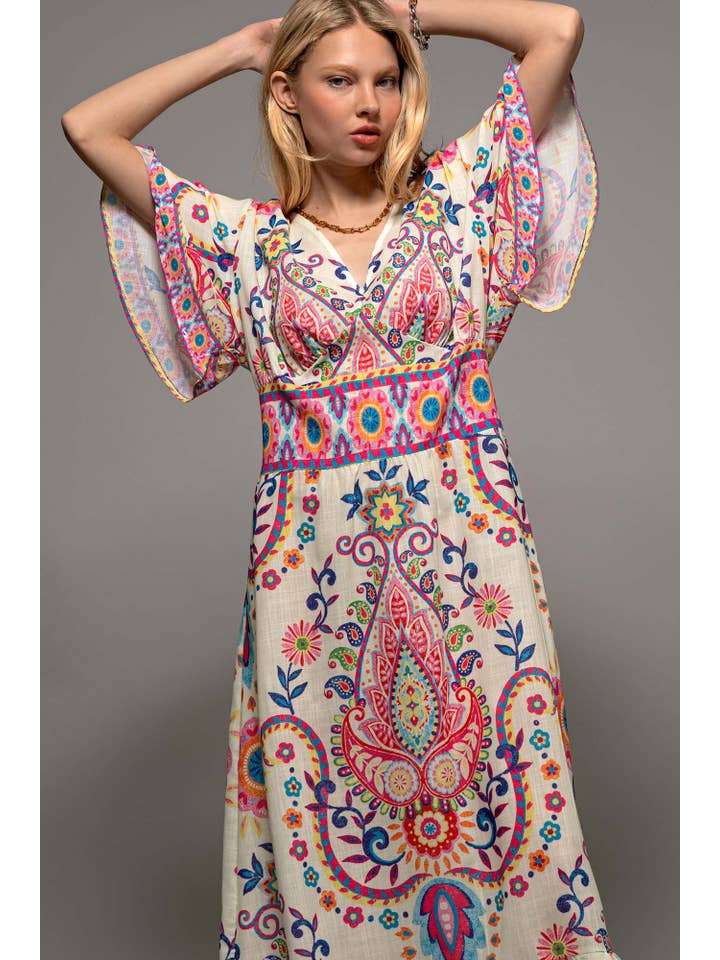 IVORY Oversized Paisley Flutter Sleeve Smocked Dress for wholesale on Faire