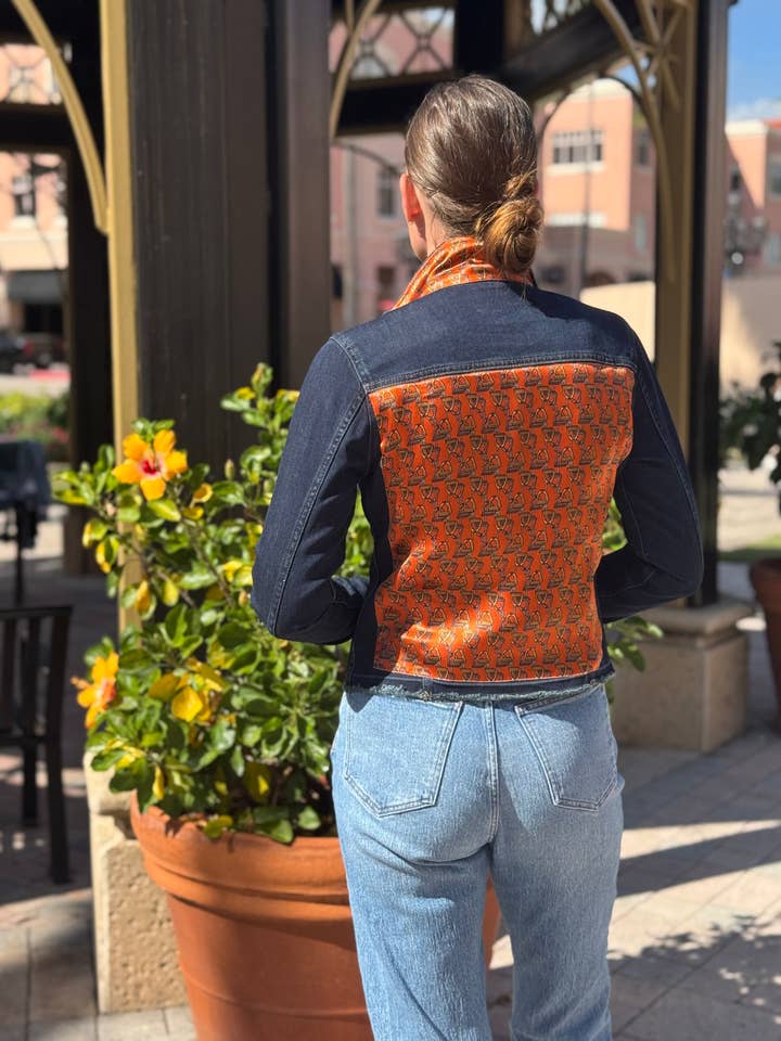 The Dark Denim Jacket / Lot’s of Stirrups / Orange for wholesale by Stacy Bradley Design
