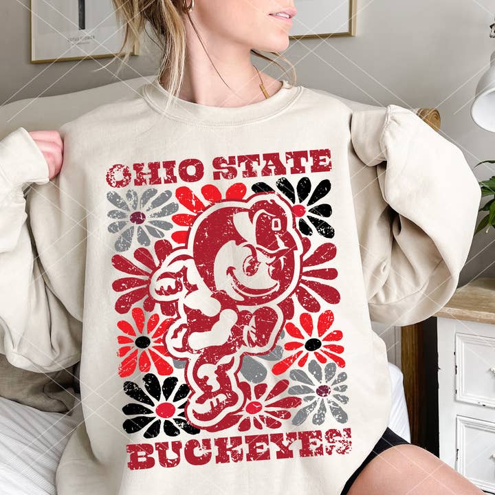 Pressure and Grace - Wholesale Graphic Sweatshirt - Women's - Groovy Floral Ohio State Sweatshirt0
