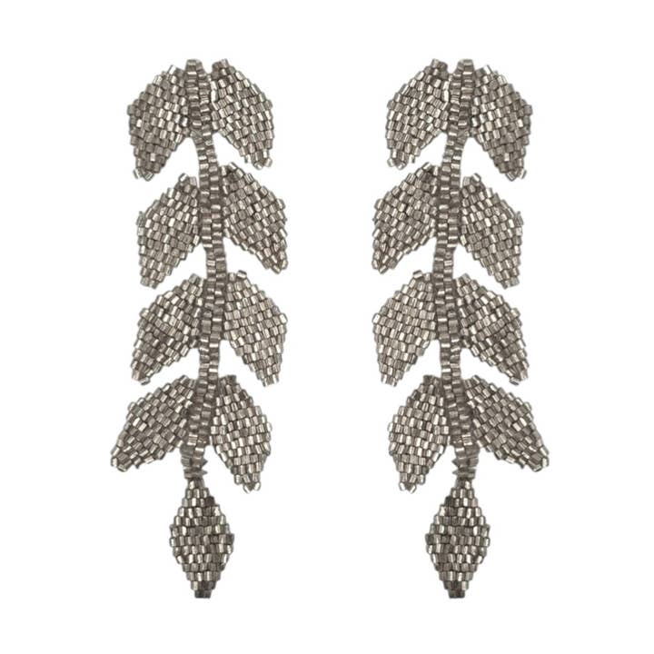 Silver Shimmer Beaded Leaf Drop Earrings for wholesale by Narratives The Line