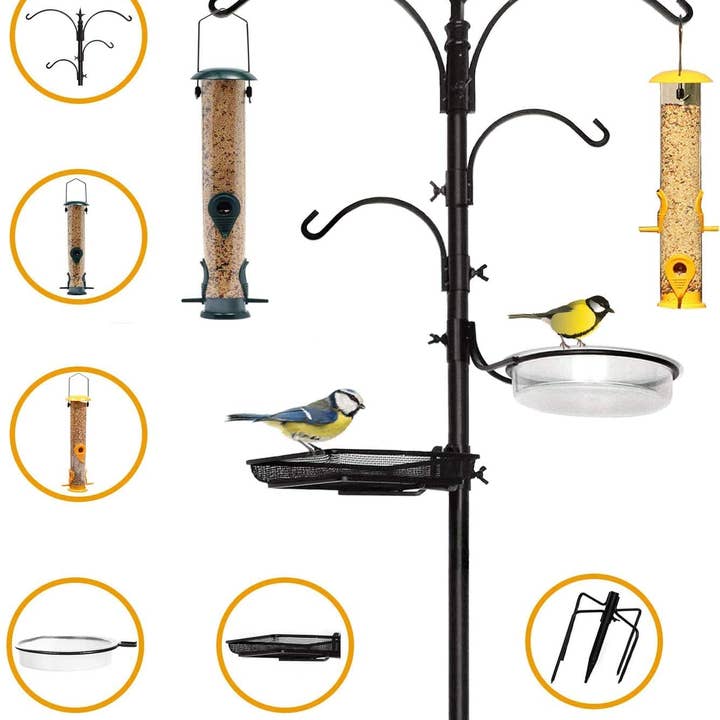 Ashman Online - Wholesale Bird Feeder - Premium Bird Feeding Station with 2 Bird Feeders Included for Outside - Multi Feeder Pole Stand Kit with 4 Hangers, Bird Bath and 5 Prong Base for Attracting Wild Birds - 22 Inch Wide x 92 Inch Tall.
