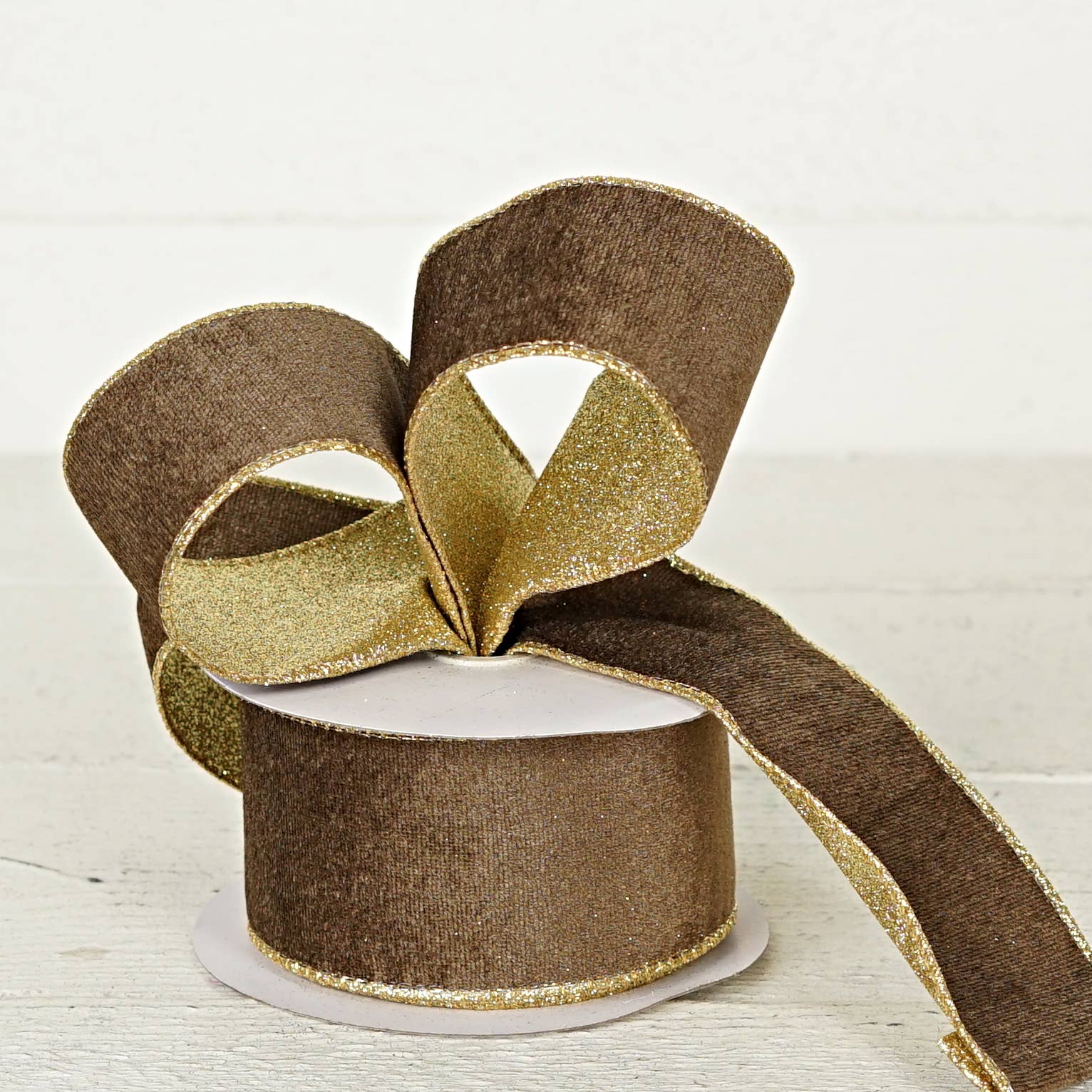 Holiday Depot Inc. - Wholesale Ribbon - Gift Wrapping - 57R0902 - 2.5inWx10Yard Wired Ribbon-Cappuccino Velvet/Gold3