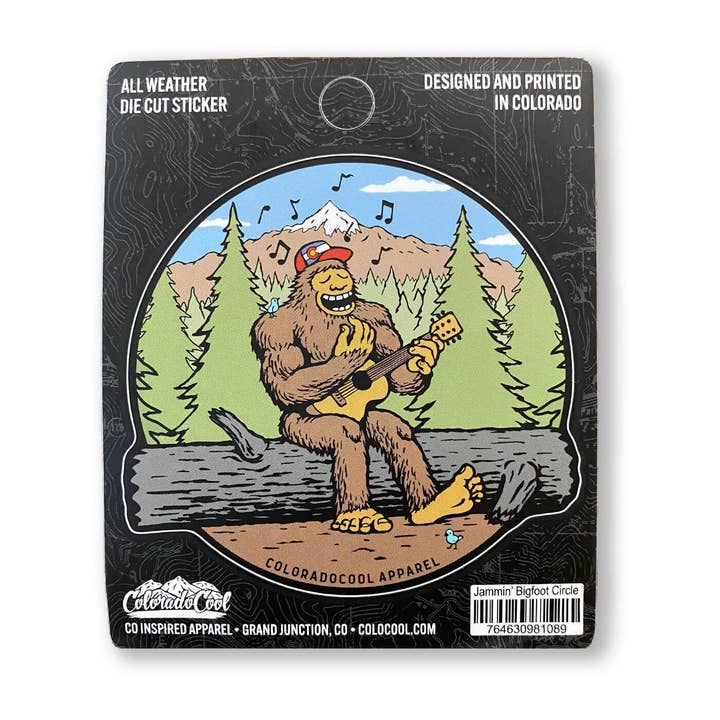 Jammin' Bigfoot Circle Sticker for wholesale by ColoradoCool Apparel
