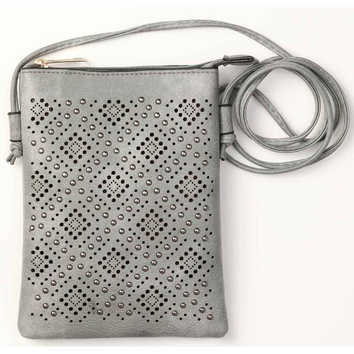 Shine Mark Accessories - Wholesale Crossbody Bag - Women's - Grey - Studs Laser Cut Crossbody Cellphone Bag