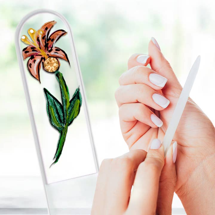 Classy Nail Files - Wholesale Nail File - Tiger Lily Flower Swarovski Hand Painted Crystal Nail File
