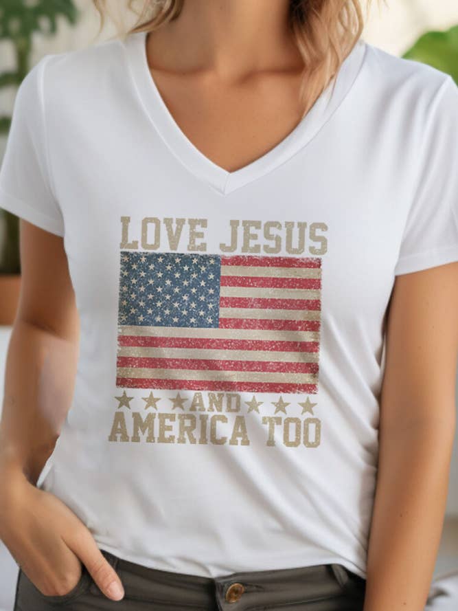 Love Jesus and America Too, 4th of July, Unisex V-neck T-Shirt for wholesale by Top Avenue