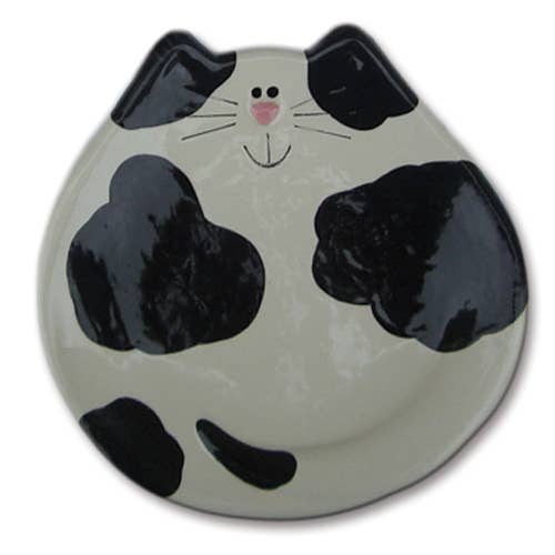 Plat à chat en céramique de 5 po : plat à pois blanc et noir pour la vente par August Ceramics