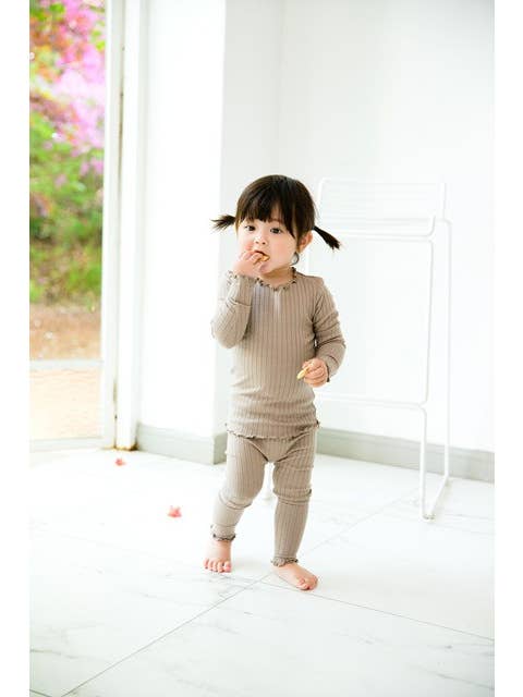 Shirring Modal Beige Long Sleeve PJs for wholesale on Faire