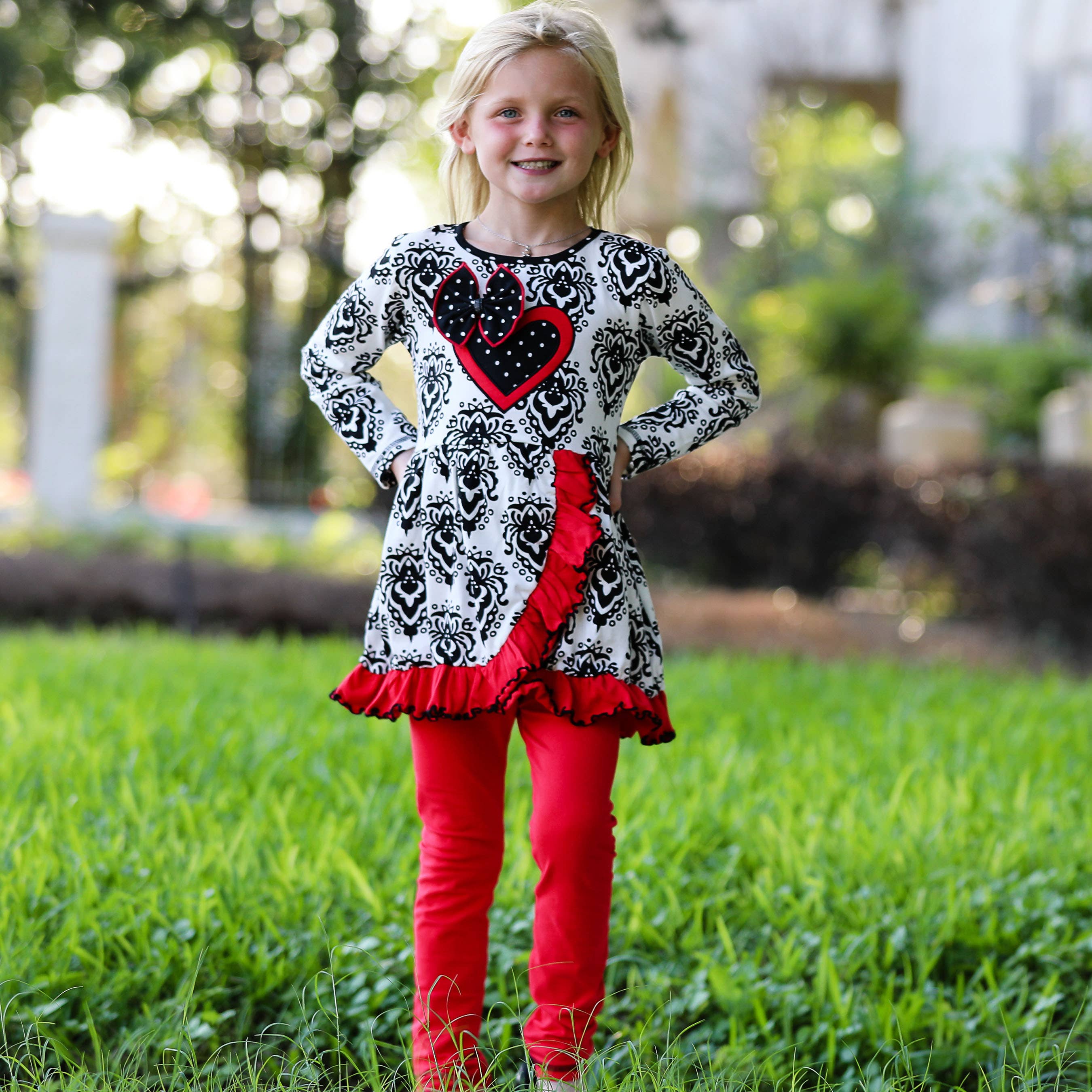 AnnLoren - Wholesale Top & Leggings Set - Kids - AnnLoren Heart Damask Valentines Day Girls Clothing Set5