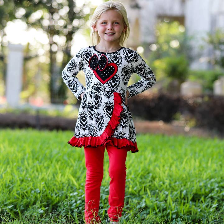 AnnLoren - Wholesale Top & Leggings Set - Kids - AnnLoren Heart Damask Valentines Day Girls Clothing Set5