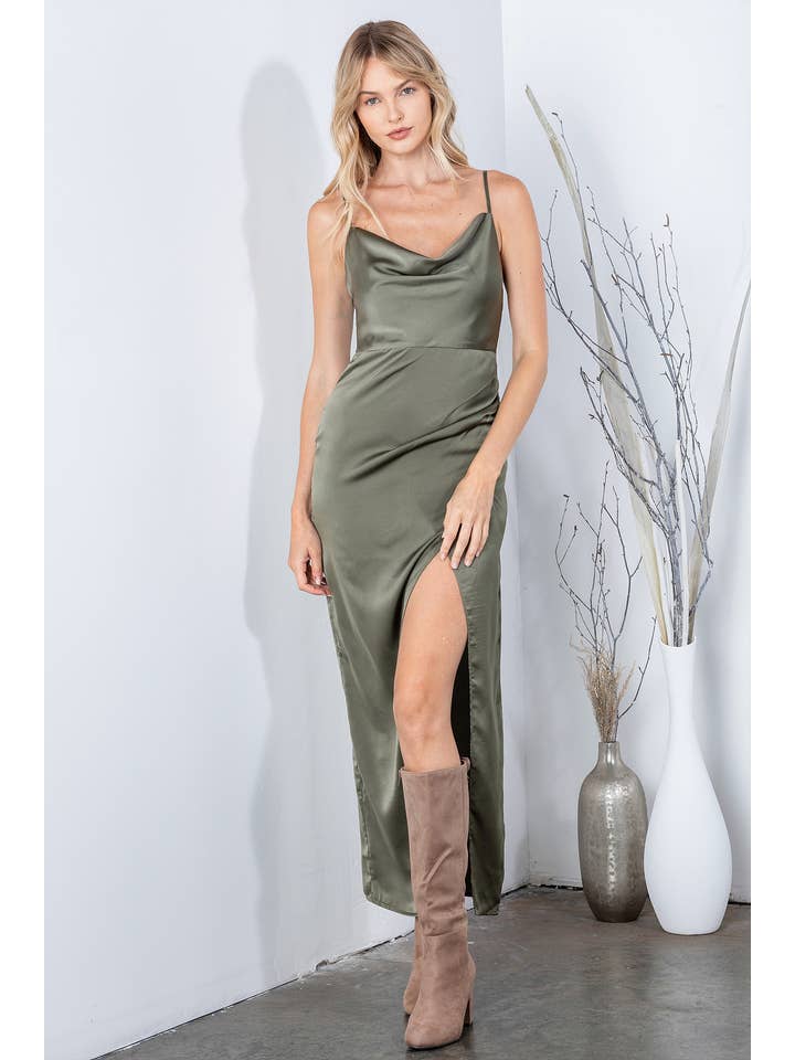 Gypsie Jane - Wholesale Dress - Women's - Silk Satin solid maxi dress with slit