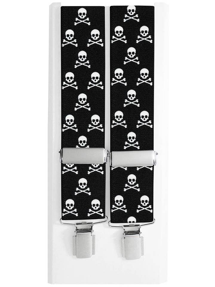 Bretelles élastiques homme noires à motifs têtes de mort blanches pour la vente par Josvil