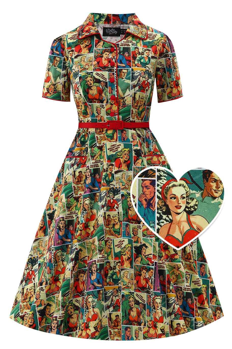 Dolly & Dotty - Wholesale Dress - Women's - Penelope II Yellow Rockabilly Comic Print Shirt Dress6
