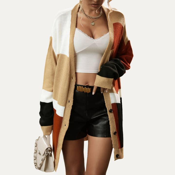 On-Trend Color Block Lightweight Long Body Knit Cardigan for wholesale by The Moment Collection