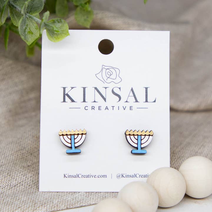 Menorah Wood Stud Earrings for wholesale by Kinsal Creative