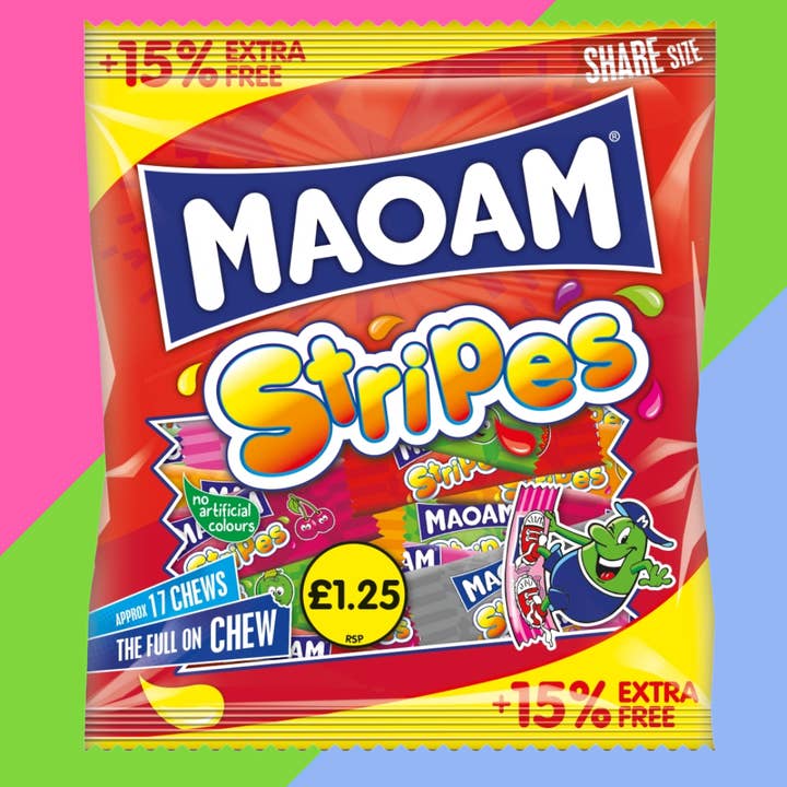 Maoam Stripes Fruit & Cola Flavour Sharing Bag 14x161g for wholesale by Gaffney's Sweets & Treats Wholesale