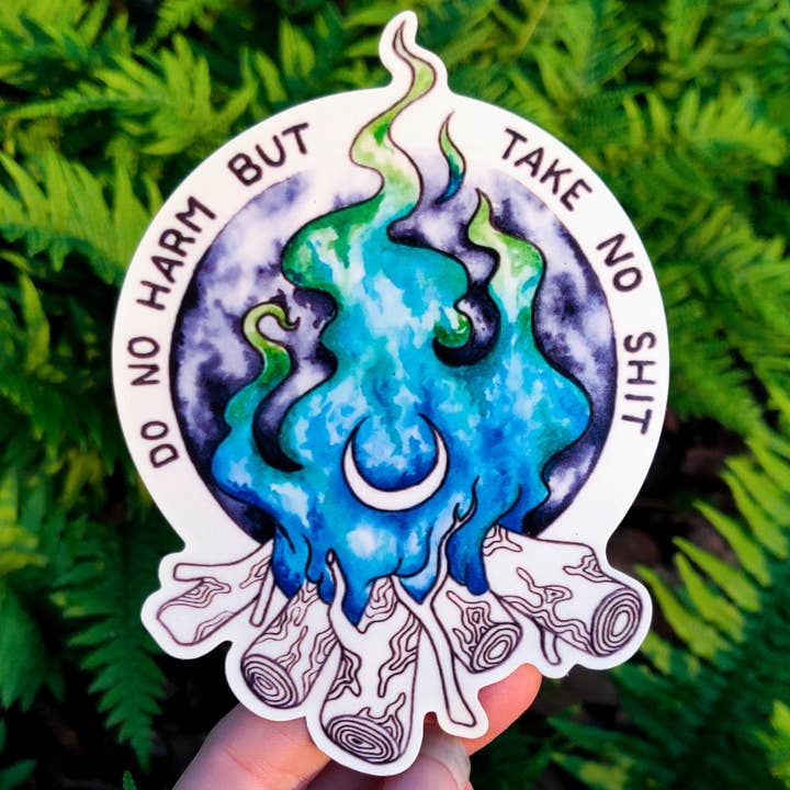 Crafted from Scratch - Wholesale Sticker - Do No Harm But Take No Shit - Vinyl Sticker Art - Witchy Affirmation Quote Inspirational Campfire Hiking Forest Pagan Moon Fire Watercolor