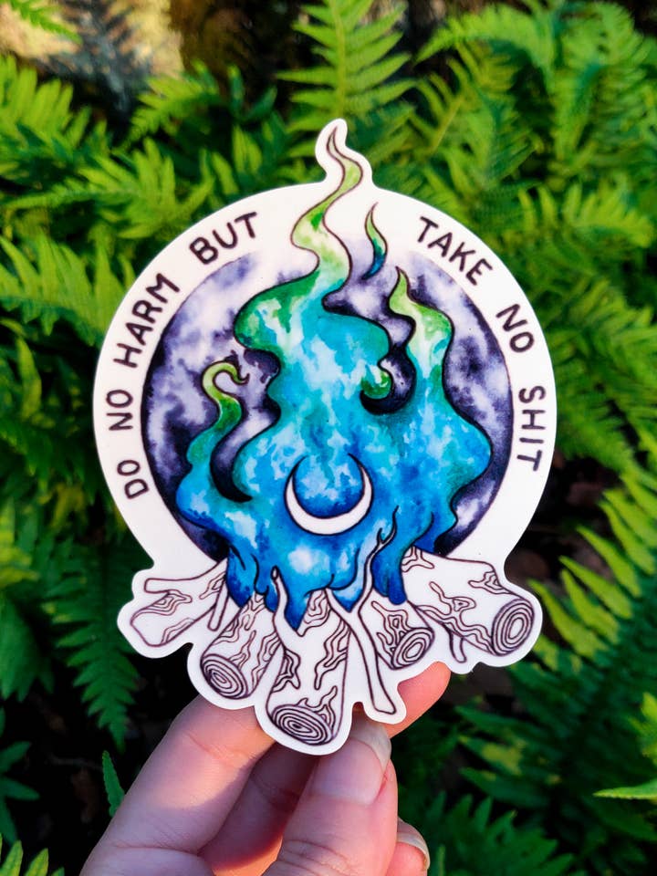 Do No Harm But Take No Shit - Pegatina de vinilo de arte - Cita de afirmación de bruja inspiradora fogata senderismo bosque luna pagana fuego acuarela para venta al por mayor de Crafted from Scratch