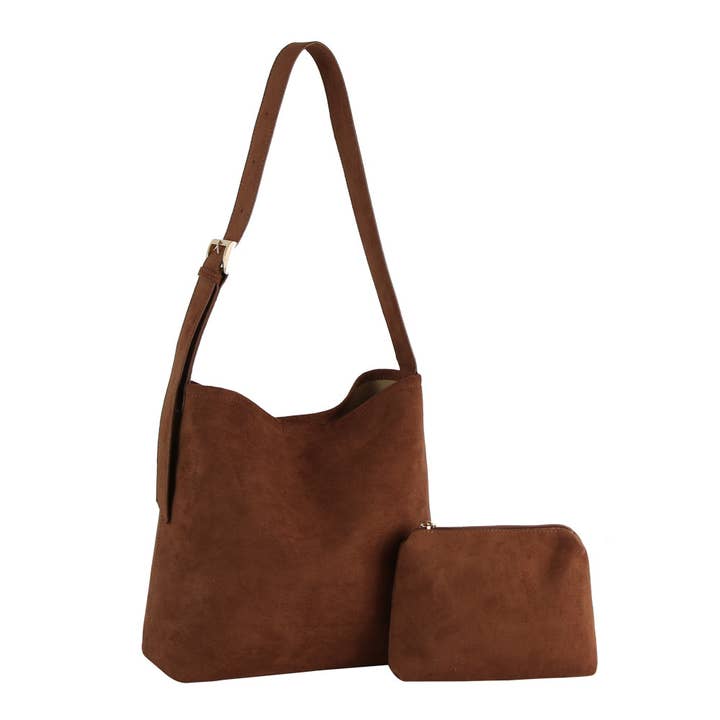 2-i-1 ruskindsskuldertaske-sæt for engroshandel hos Handbag Factory Corp