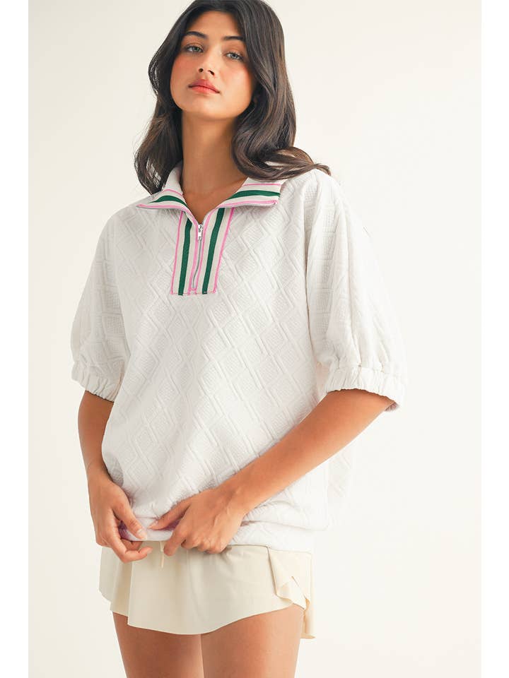 Little Daisy Closet - Wholesale Blouse - Women's - LDC Colorblock Zipper Collar Puff Sleeve Textured Blouse
