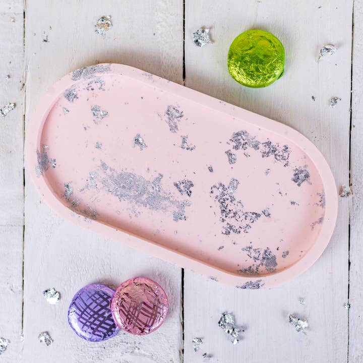 Jesmonite oval trinket tray, pastel pink with silver leaf for wholesale by Nine Angels