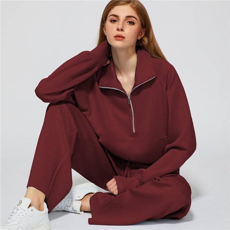 UZ Wholesale Store – wholesale Mjukisset – Dam – Set med halvzip-tröja i ren färg och joggers med vida ben1